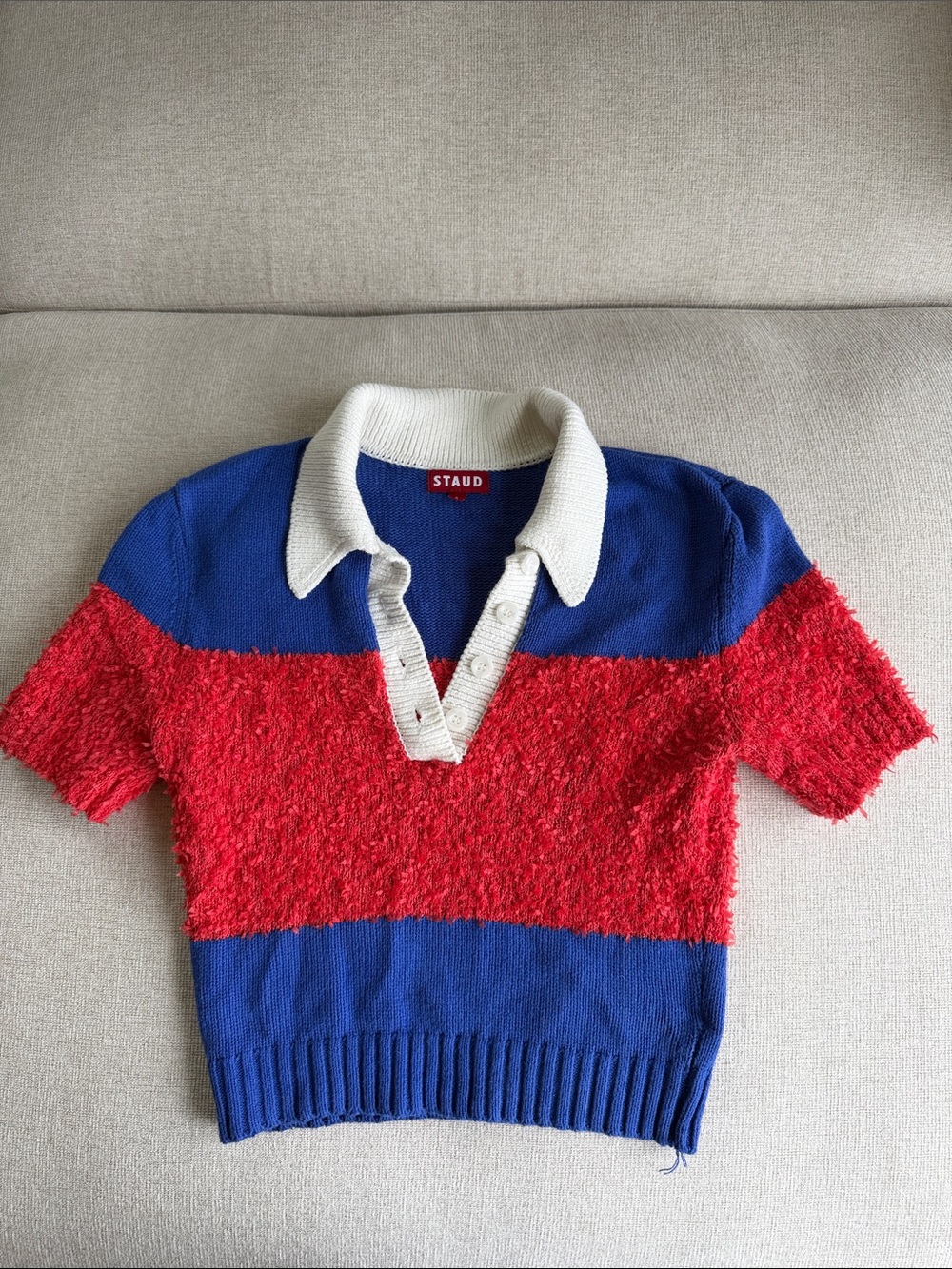 STAUD Red, Blue & White Textured Short Sleeve Polo
